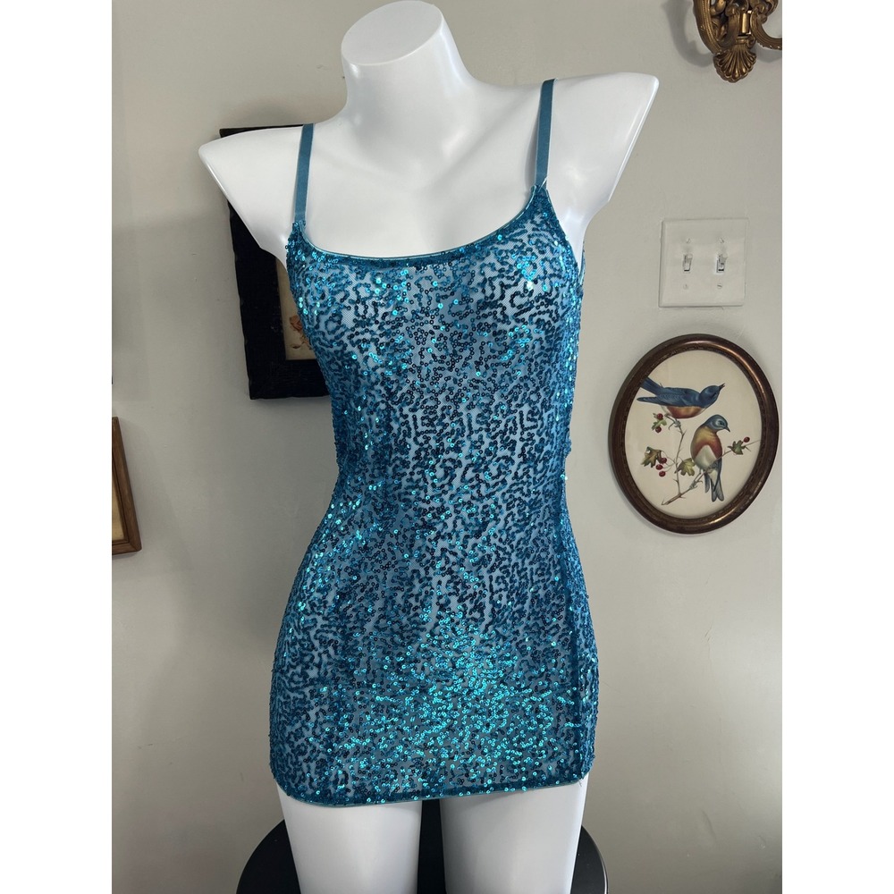 Daytrip Vintage Y2K Blue Sequin Mesh Mini Dress Size S